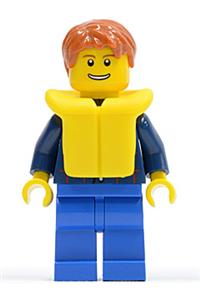 Male with Life Jacket Minifigure - Minifigure with dark orange short tousled hair wearing a plaid button shirt, blue legs, and a life jacket - cty0232