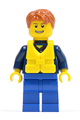Minifigure with dark orange short tousled hair, wearing a plaid button shirt, blue legs, and a life jacket with center buckle - cty0232a