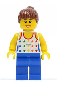 Female Minifigure - Female minifigure with a shirt featuring rainbow stars, blue legs, reddish-brown ponytail hair, and brown eyebrows - cty0233
