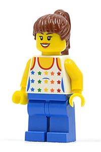 Female Minifigure - Female minifigure with a shirt featuring rainbow stars, blue legs, reddish brown ponytail hair, and black eyebrows - cty0233a
