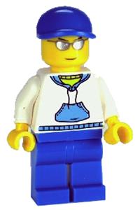 Male with White Hoodie Minifigure - Minifigure wearing a white hoodie with blue pockets, blue legs, and a blue short bill cap - cty0234
