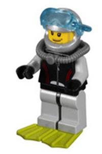 Diver Minifigure - Diver with flippers, stubble beard, moustache, sideburns, and scuba tank - cty0235