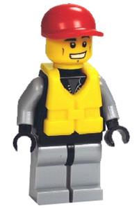 Lifeguard Minifigure - Lifeguard wearing a leather jacket with zipper, red lines, and logo pattern, along with a life jacket and red short bill cap - cty0236