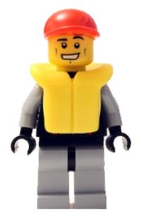 Lifeguard Minifigure - Lifeguard wearing a leather jacket with zipper, red lines, and logo pattern, life jacket with center buckle, and red short bill cap - cty0236a