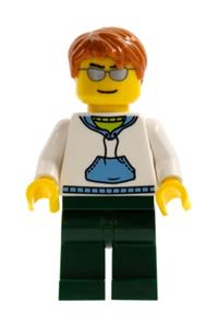 Male with White Hoodie Minifigure - Minifigure with dark orange short tousled hair wearing a white hoodie with blue pockets and dark green legs - cty0240