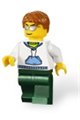 Minifigure with dark orange short tousled hair wearing a white hoodie with blue pockets and dark green legs - cty0240