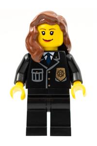 Police Officer Minifigure - Female police officer in city suit with blue tie and badge, black legs, and reddish brown hair over shoulder - cty0241