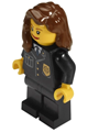 Female police officer in city suit with blue tie and badge, black legs, and reddish brown hair over shoulder - cty0241