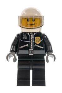 Police Officer Minifigure - Police officer in a white helmet with black eyebrows, wearing a City leather jacket with gold badge and trans-black visor - cty0242