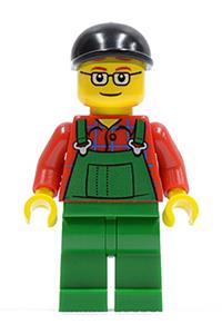 Farmer with Green Overalls - Farmer wearing green overalls with a black short bill cap, and glasses - cty0245