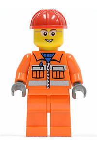 Construction Worker Minifigure - Construction worker with orange zipper, safety stripes, arms, and legs, wearing a red construction helmet and glasses with gray side frames - cty0246
