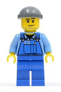 Worker in Blue Overalls Minifigure - Minifigure in blue overalls with tools in pocket, wearing a dark bluish gray knit cap - cty0247