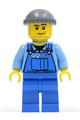 Minifigure in blue overalls with tools in pocket, wearing a dark bluish gray knit cap - cty0247