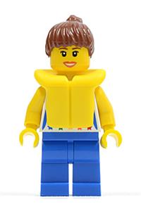 Female Jet Skier Minifigure - Female minifigure with a shirt featuring a rainbow stars pattern, blue legs, reddish brown ponytail hair, and a life jacket with a center buckle - cty0249a