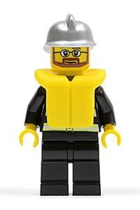 Firefighter Minifigure - Firefighter with reflective stripes, wearing black legs, a silver fire helmet, beard, glasses, and life jacket - cty0251