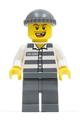 Jail prisoner minifigure wearing prison stripes with dark bluish gray legs, a knit cap, and a missing tooth - cty0253