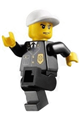 Police officer in city suit with blue tie and badge, black legs, white short bill cap, and scowl - cty0255