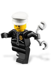 Police Minifigure - City police officer wearing a white hat, with a lopsided smile, in a black leather jacket with gold POLICE badge - cty0256