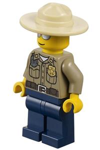 Forest Police Officer Minifigure - Forest police minifigure with dark tan shirt featuring pockets, a radio, and gold badge, dark blue legs, campaign hat, and silver sunglasses - cty0260
