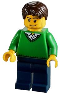 Male in V-Neck Sweater Minifigure - Minifigure with dark brown tousled hair, wearing a green v-neck sweater, dark blue legs, and sporting a smirk and stubble beard - cty0261