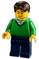 Minifigure with dark brown tousled hair, wearing a green v-neck sweater, dark blue legs, and sporting a smirk and stubble beard - cty0261
