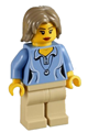 Female minifigure wearing a medium blue shirt with two buttons and a shell pendant, tan legs, and dark tan tousled hair - cty0262