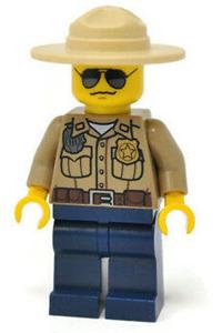 Forest Police Officer Minifigure - Forest police wearing a dark tan shirt with pockets, radio, and gold badge, dark blue legs, campaign hat, black and silver sunglasses - cty0264