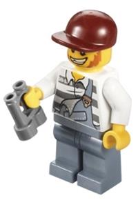 Jail Prisoner Minifigure - Prisoner in torn overalls and prison stripes with sand blue legs, wearing a dark red short bill cap - cty0265