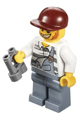 Prisoner in torn overalls and prison stripes with sand blue legs, wearing a dark red short bill cap - cty0265