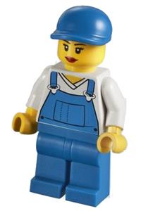 Worker in Blue Overalls Minifigure - Minifigure wearing blue overalls over a V-neck shirt with blue legs, a blue short bill cap, and featuring eyelashes and a smile - cty0269