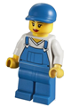 Minifigure wearing blue overalls over a V-neck shirt with blue legs, a blue short bill cap, and featuring eyelashes and a smile - cty0269