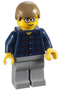 Male in Plaid Button Shirt - Minifigure wearing a plaid button shirt, with light bluish gray legs, dark tan male hair, and glasses - cty0270