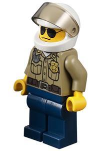 Forest Police - Dark Tan Shirt with Pockets, Radio and Gold Badge, Dark Blue Legs, White Helmet with Visor, Black and Silver Sunglasses cty0276