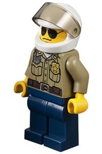 Forest Police Officer Minifigure - Forest Police minifigure wearing a dark tan shirt with pockets, radio, and gold badge, dark blue legs, white helmet with visor, black and silver sunglasses - cty0276