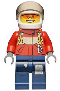 Firefighter Pilot Minifigure - Male firefighter pilot wearing a red fire suit with carabiner, white helmet, dark blue legs with map, and orange sunglasses - cty0278