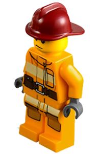 Firefighter Minifigure - Firefighter in a bright light orange fire suit with utility belt, wearing a dark red fire helmet and sweat drops - cty0279