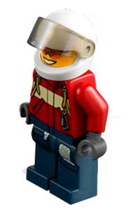 Firefighter Pilot Minifigure - Female firefighter pilot wearing a red fire suit with carabiner, dark blue legs with map, white helmet, and red lips - cty0280