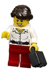 Female Minifigure - Minifigure with a blouse featuring buttons, belt, and necklace, red legs, and long dark brown hair in a French braided ponytail - cty0281