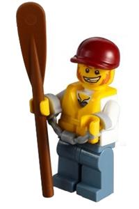 Dougy Dungarees Minifigure - Minifigure wearing torn overalls over prison stripes with a dark red short bill cap and a life jacket with center buckle - cty0283