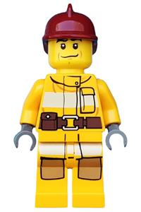 Firefighter Minifigure - Firefighter in a bright light orange fire suit with a utility belt, wearing a dark red fire helmet - cty0286
