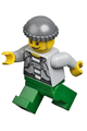 Minifigure wearing a prison stripes hoodie over a jail inmate uniform, with green legs and a dark bluish gray knit cap - cty0288