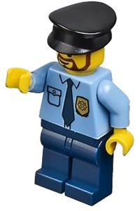 Police Officer Minifigure - Police officer with a shirt featuring a dark blue tie and gold badge, dark blue legs, and a black hat - cty0289