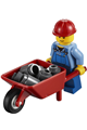 Minifigure wearing blue overalls with tools, a red construction helmet, black eyebrows, and sporting a thin grin - cty0291