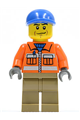 Construction worker with an orange zipper, safety stripes, and arms, dark tan legs, and a blue short bill cap - cty0293