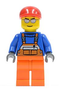 Worker in Orange Overalls - City worker wearing orange overalls with safety stripes, red cap, silver sunglasses, and orange legs - cty0294