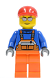 City worker wearing orange overalls with safety stripes, red cap, silver sunglasses, and orange legs - cty0294