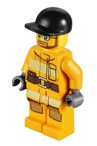 Firefighter Minifigure - Firefighter with a bright light orange fire suit, utility belt, black short bill cap, beard, and glasses - cty0300