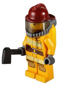 Firefighter Minifigure - Firefighter wearing a bright light orange fire suit with utility belt, dark red fire helmet, yellow air tanks, and sweat drops - cty0301