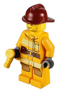 Firefighter Minifigure - Firefighter wearing a bright light orange fire suit with utility belt, dark red fire helmet, crooked smile, and scar - cty0302