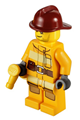 Firefighter wearing a bright light orange fire suit with utility belt, dark red fire helmet, crooked smile, and scar - cty0302